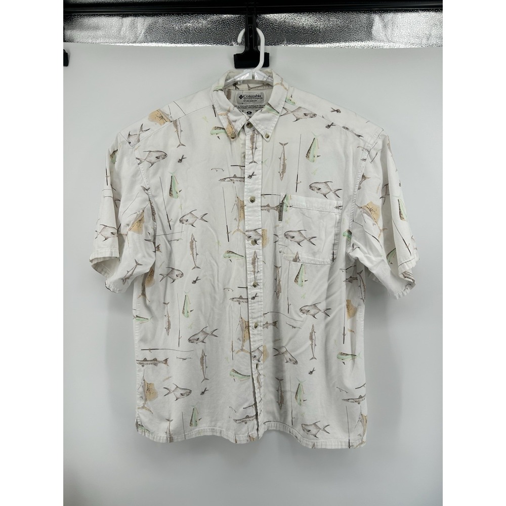 Columbia Sportswear Company Short Sleeve Button Down White With‎ Fish Men's XL